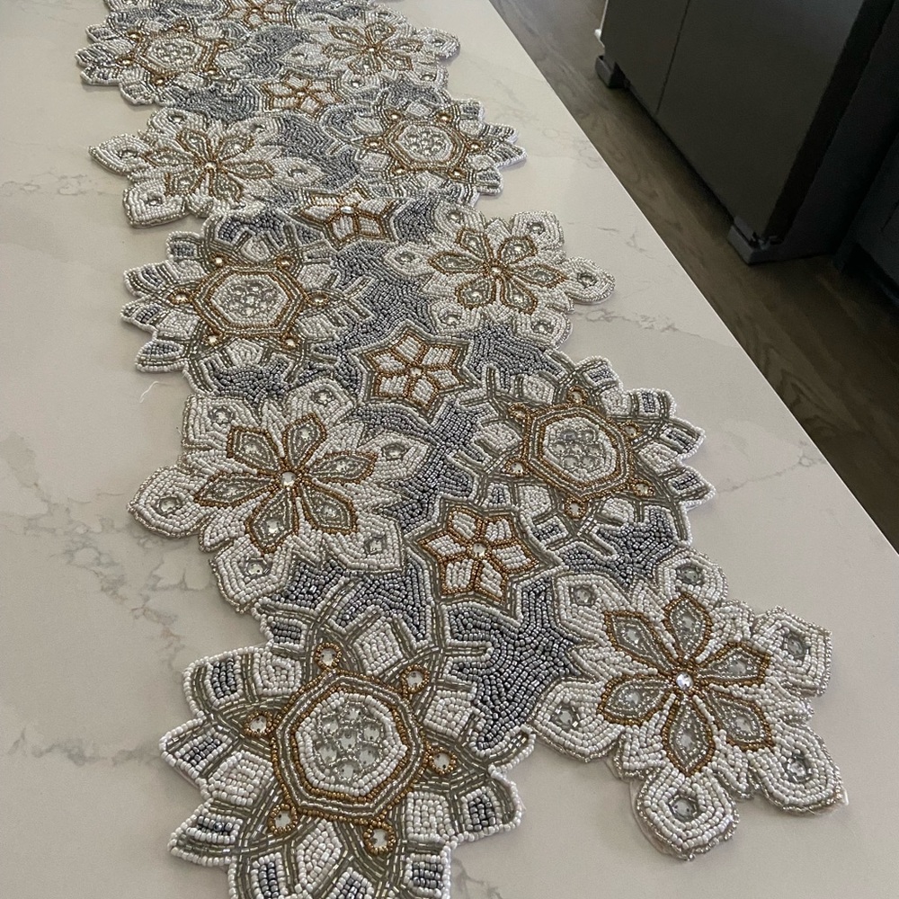 New Beaded snowflake Table Runner - White, Silver, and Gold